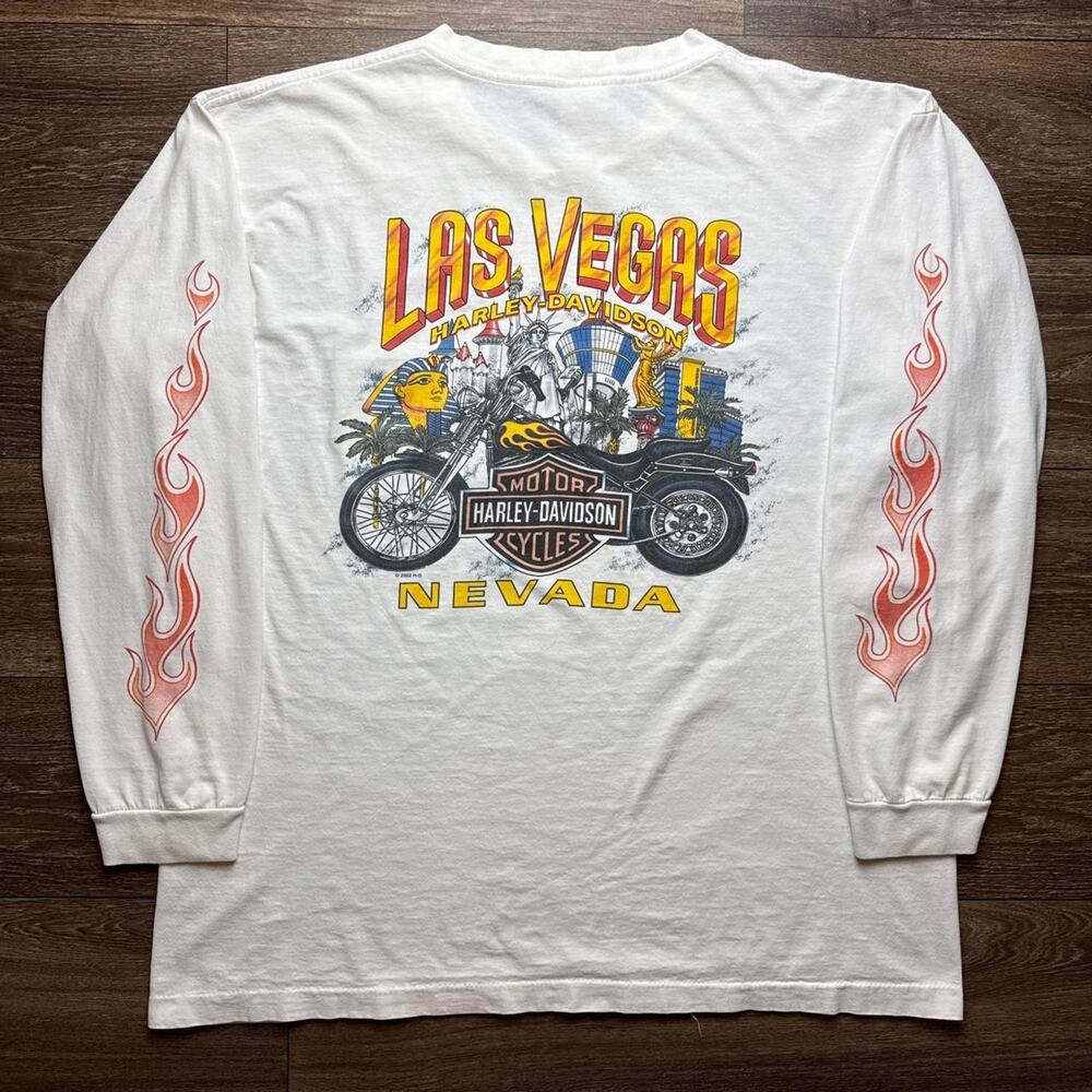 Vintage White Single Stitch Harley Davidson Long Sleeve Shirt Flame Sleeves